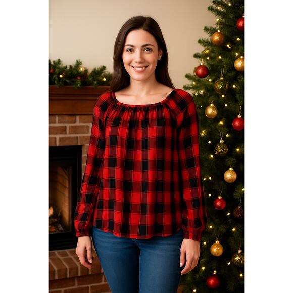 Loft outlet buffalo plaid red and black flannel comfy top size medium petite - Picture 2 of 6